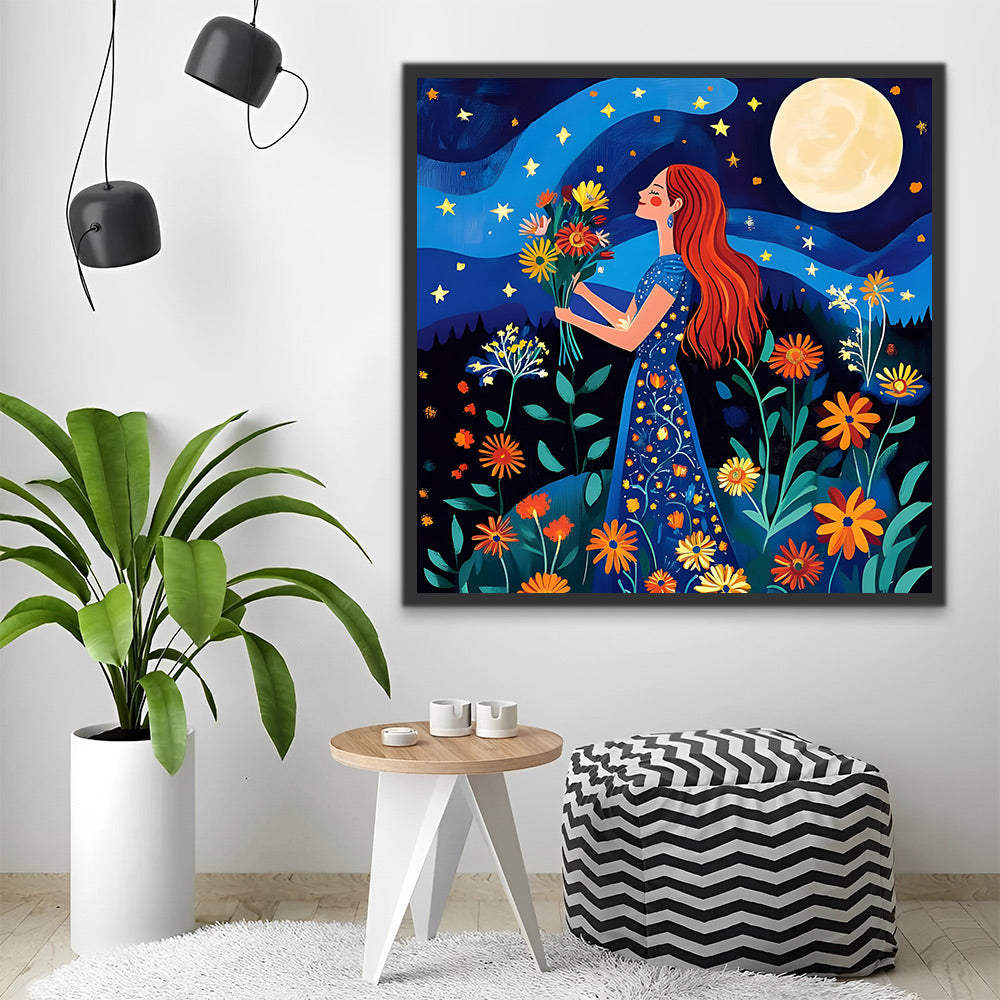 Flower Girl Making a Wish under the Moonlight Paint by Numbers