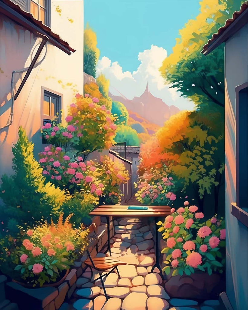 Flowers and Bushes in the Alley Paint by Numbers