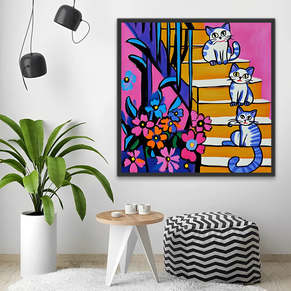 Flowers and Cats on the Stairs Paint by Numbers