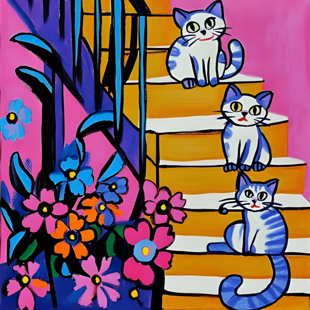 Flowers and Cats on the Stairs Paint by Numbers