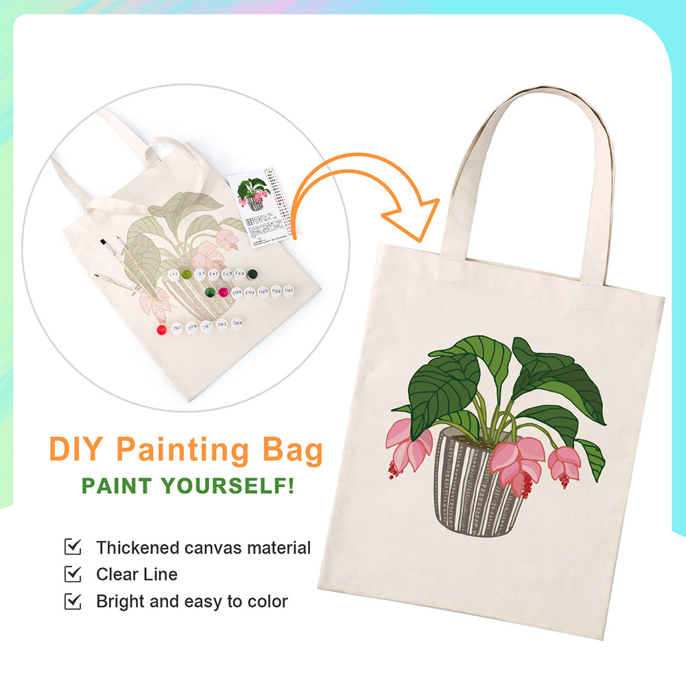 Flowers and Leaves in Glass Vase Canvas Tote Bag Paint by Numbers