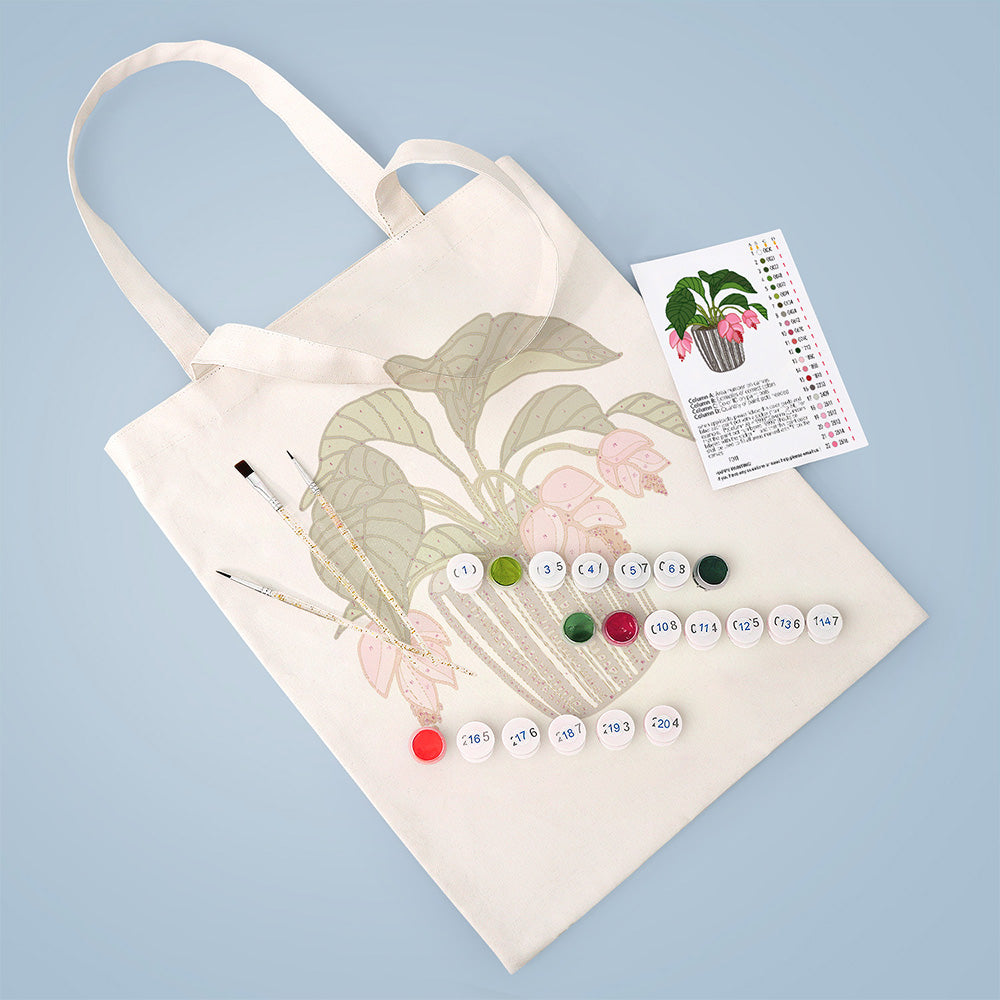 Flowers and Leaves in Glass Vase Canvas Tote Bag Paint by Numbers