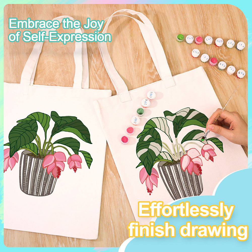 Flowers and Leaves in Glass Vase Canvas Tote Bag Paint by Numbers