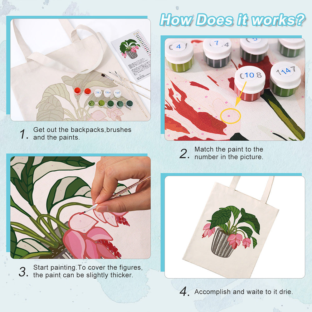 Flowers and Leaves in Glass Vase Canvas Tote Bag Paint by Numbers