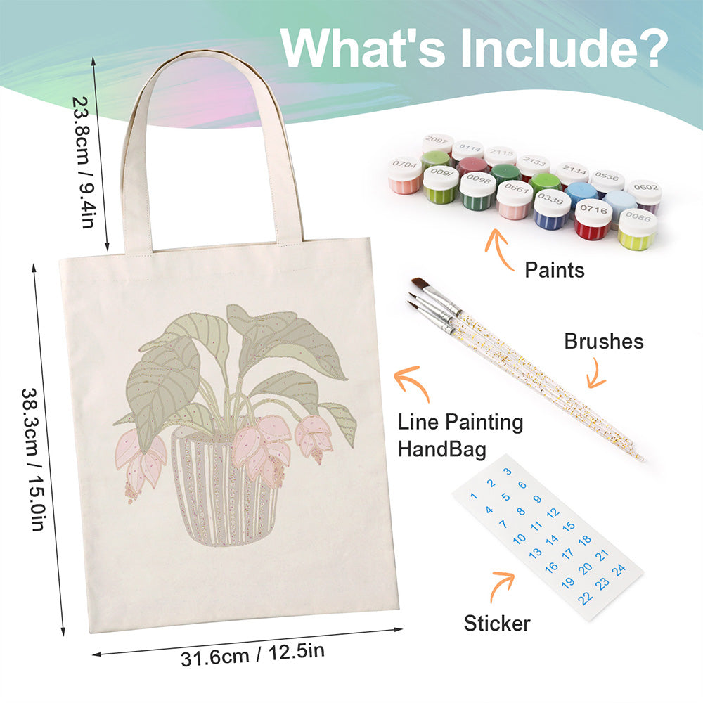Flowers and Leaves in Glass Vase Canvas Tote Bag Paint by Numbers