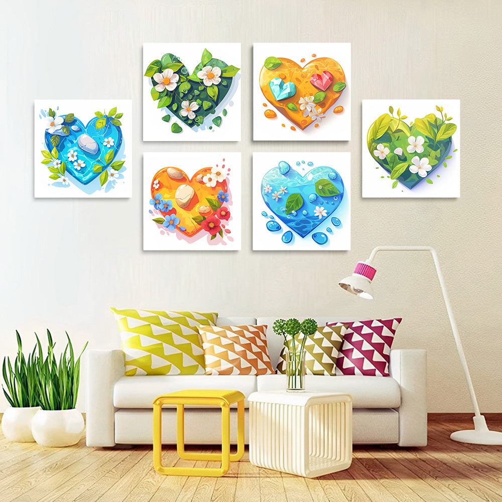 Fresh Flowers in Heart Shape Water 6 Pieces Mini Paint by Numbers