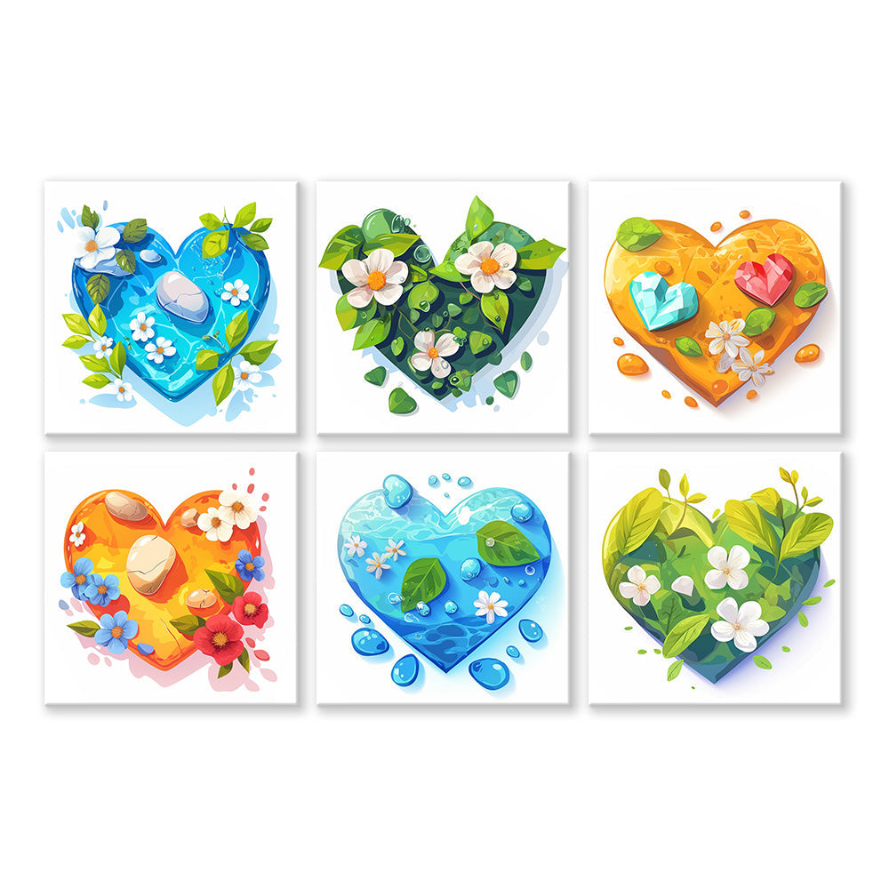 Fresh Flowers in Heart Shape Water 6 Pieces Mini Paint by Numbers