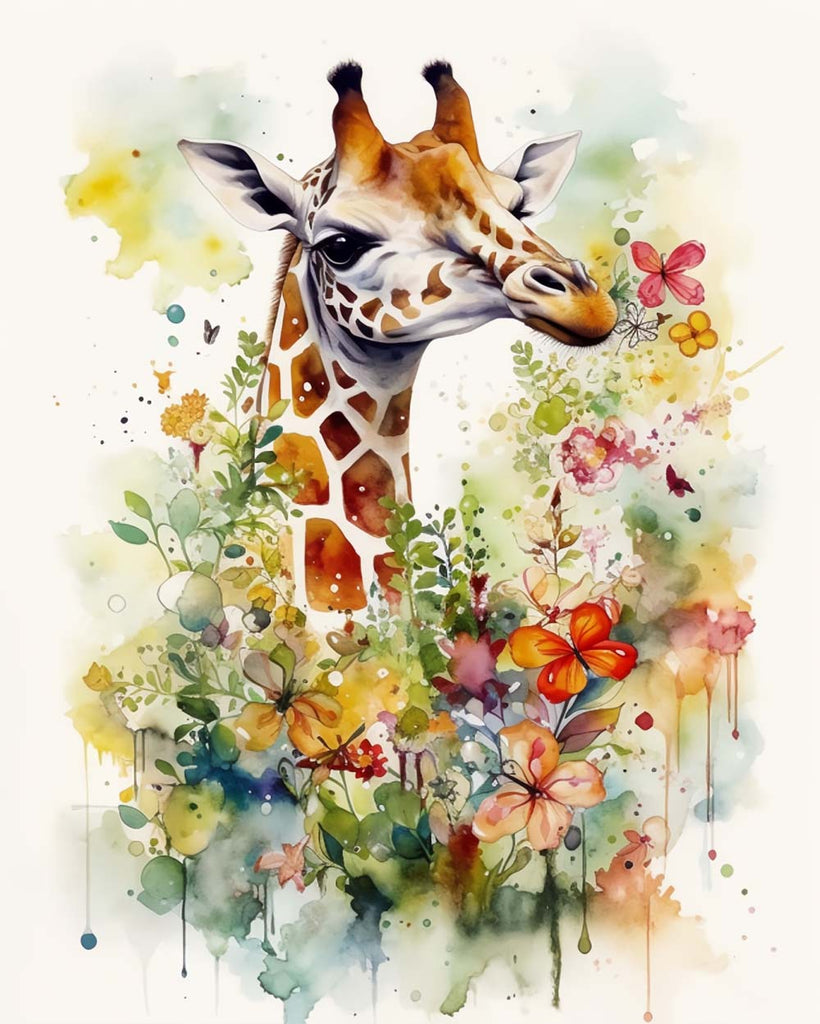 Giraffe and Watercolor Flowers Paint by Numbers