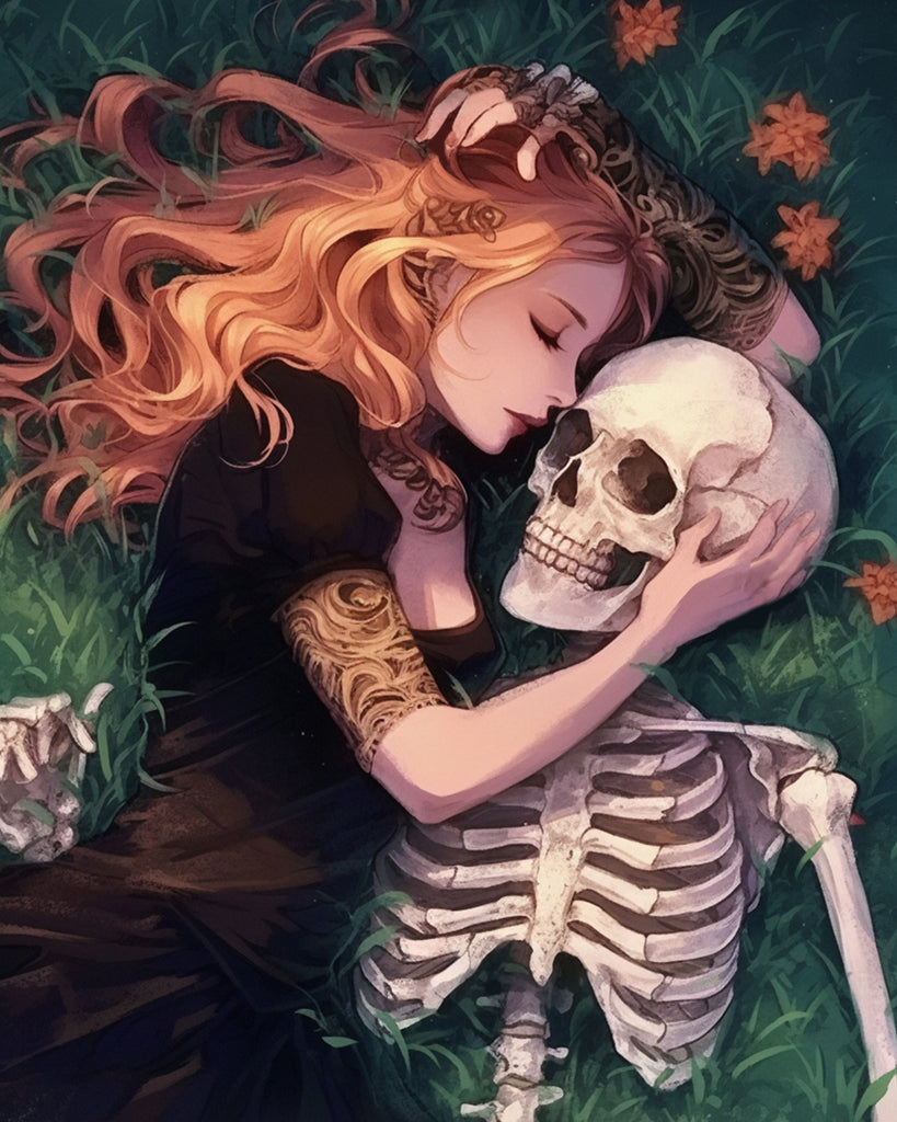 Girl and Skeleton Lying on the Ground Paint by Numbers