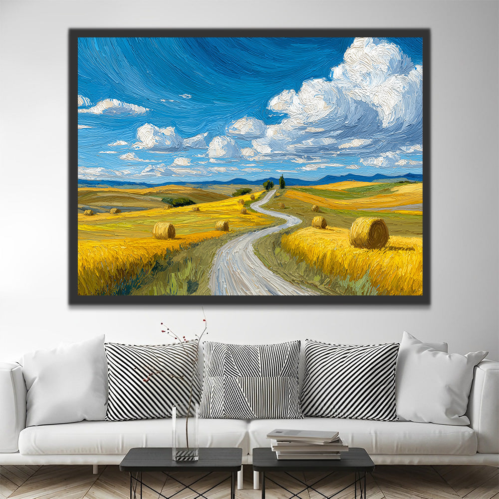 Golden Fields under Blue Sky and White Clouds Paint by Numbers