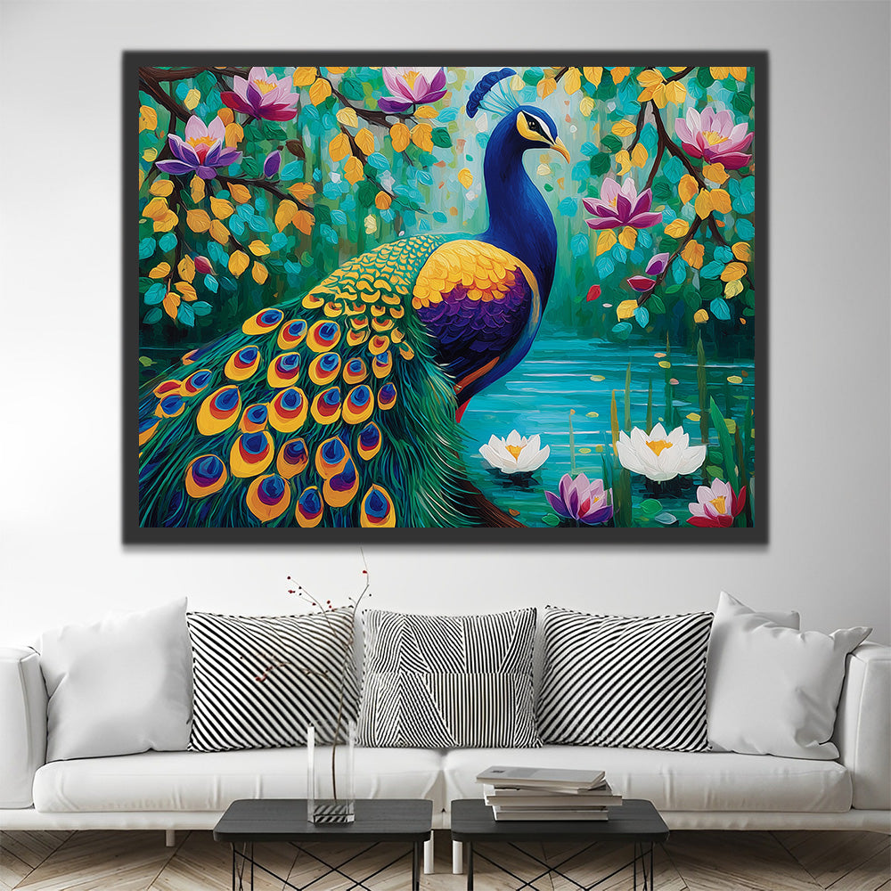 Golden Green Peacock beside Lotus Pond Paint by Numbers