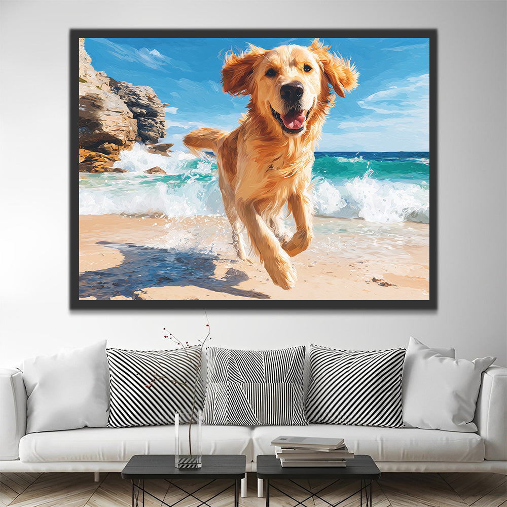 Golden Retriever Running Happily by the Sea Paint by Numbers