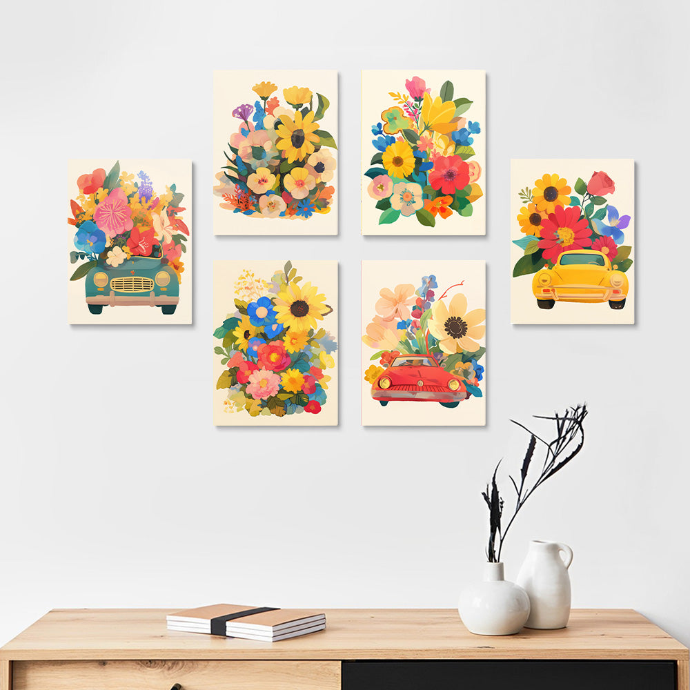 Gorgeous Flowers in Cars 6 Pieces Mini Paint by Numbers