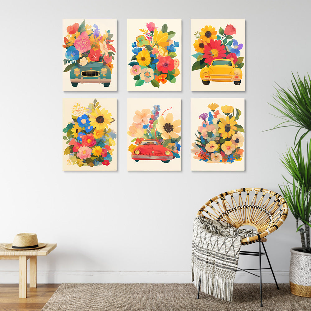 Gorgeous Flowers in Cars 6 Pieces Mini Paint by Numbers