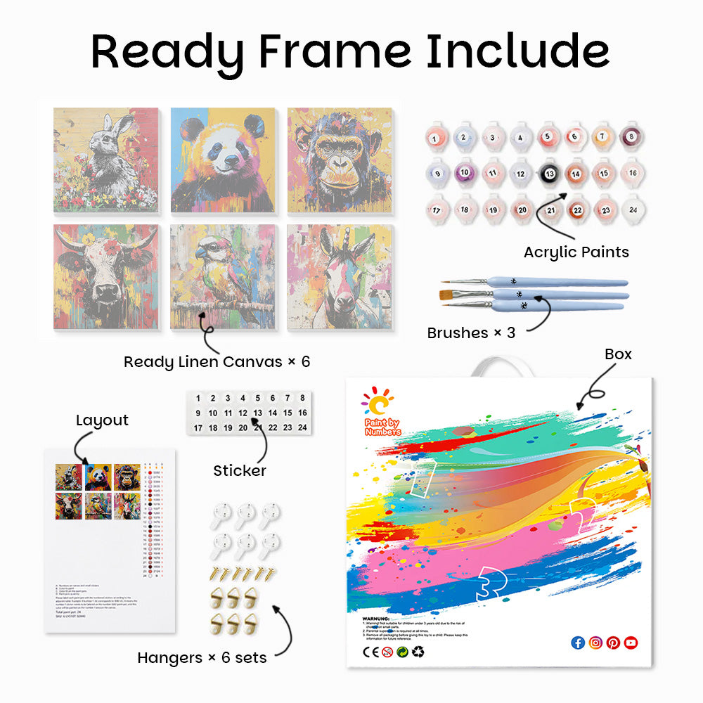 Graffiti Style Animals 6 Pieces Mini Paint by Numbers