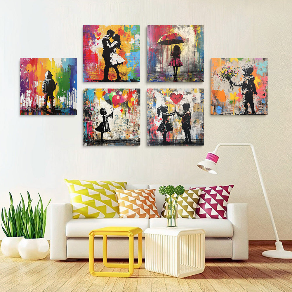 Graffiti Style Couple and Children 6 Pieces Mini Paint by Numbers