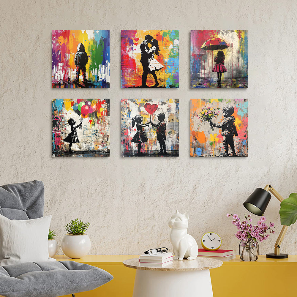 Graffiti Style Couple and Children 6 Pieces Mini Paint by Numbers
