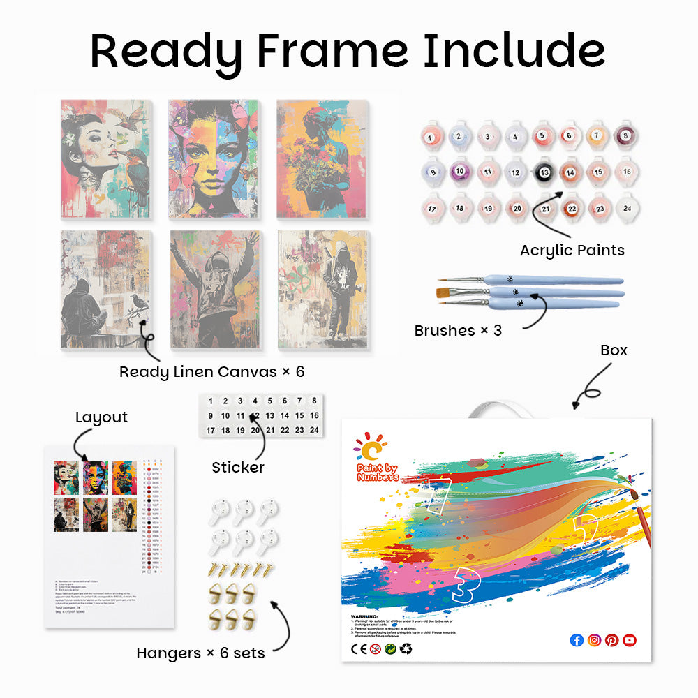 Graffiti Style Woman and Man 6 Pieces Mini Paint by Numbers