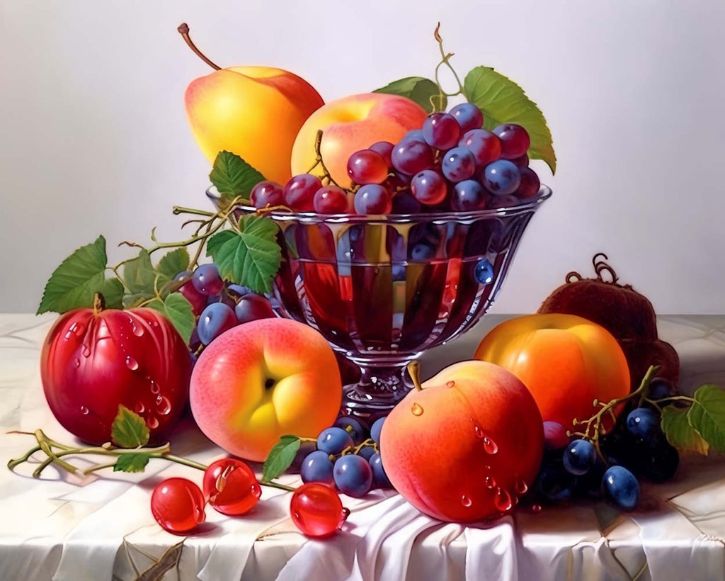 Grapes and Peaches in Glass Bowl Paint by Numbers