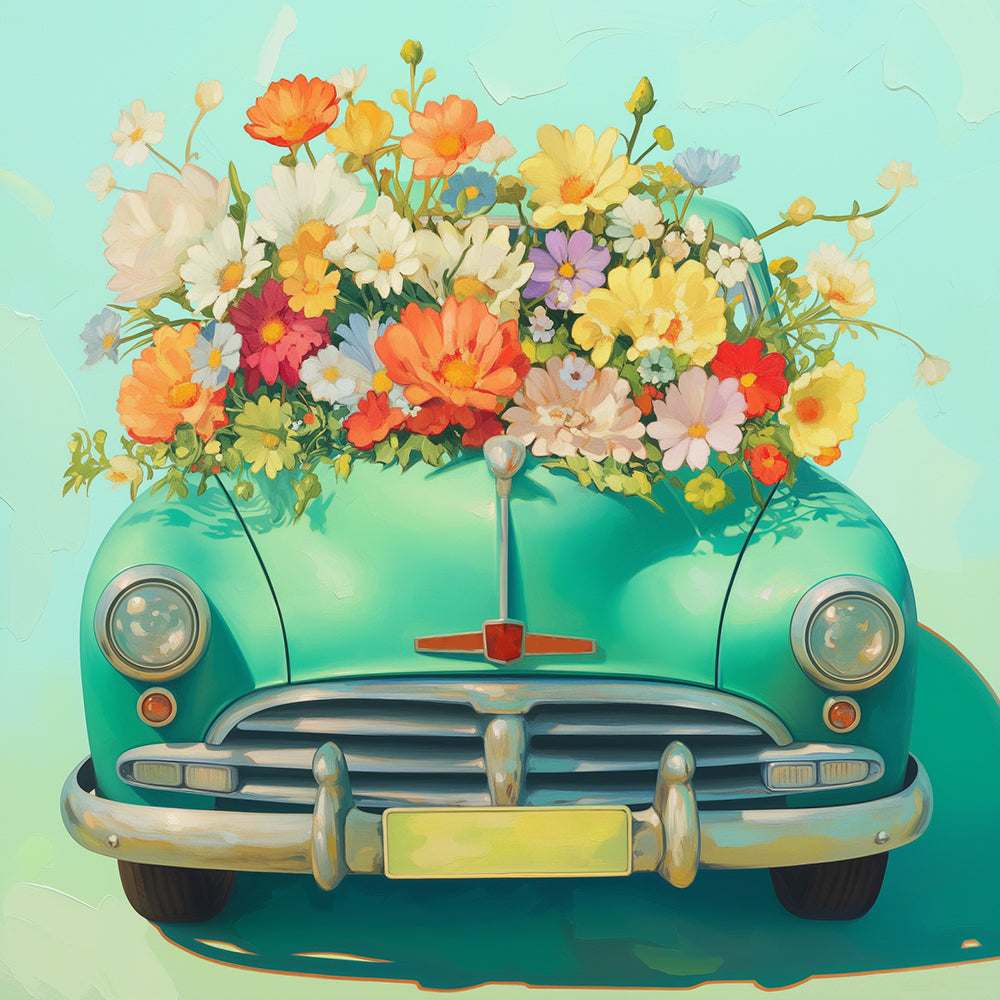 Green Car Filled with Flowers Paint by Numbers