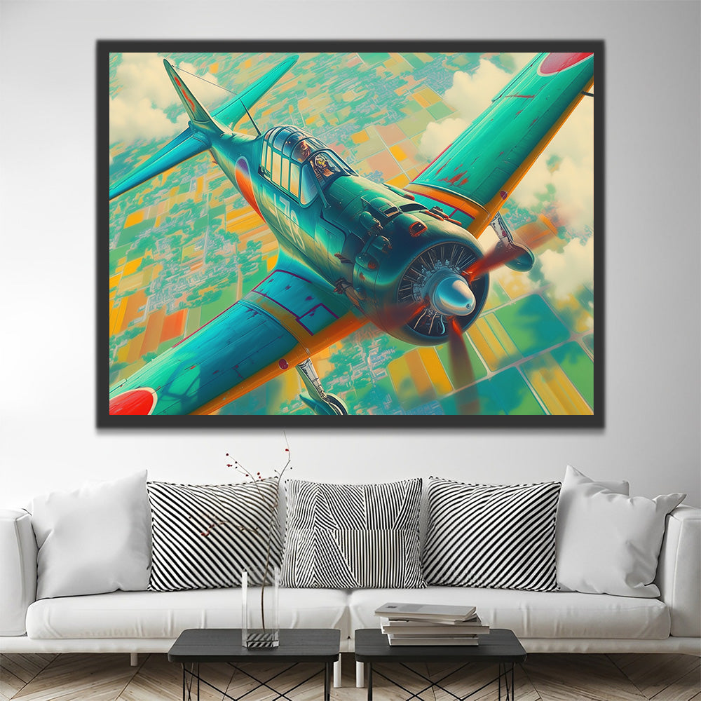 Green Fighter plane over the Field Paint by Numbers