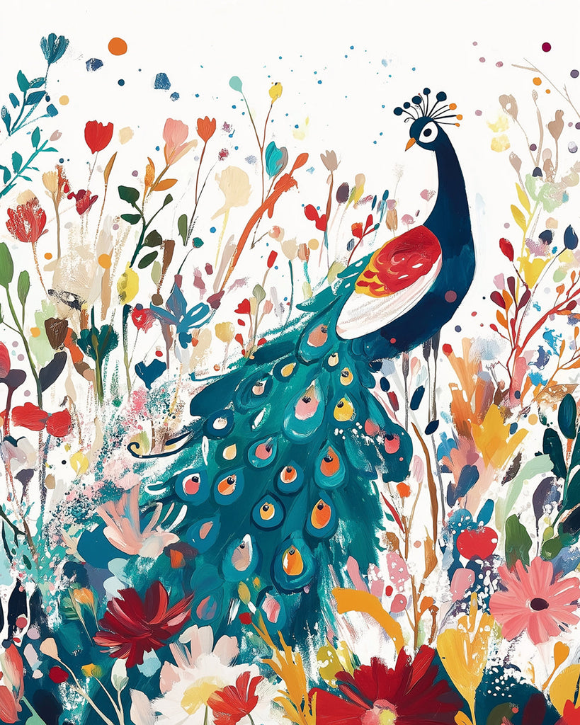 Green Peacock Among Flowers Paint by Numbers