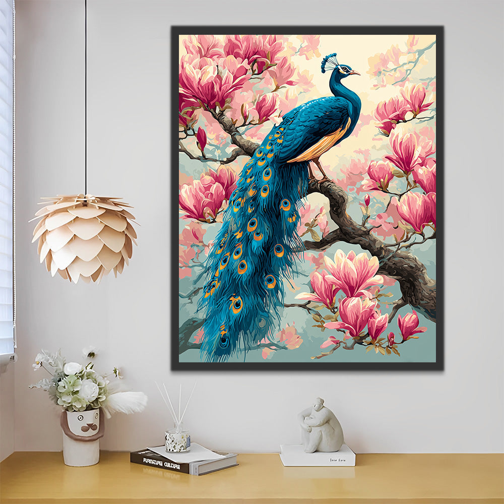 Green Peacock on A Pink Magnolia Tree Paint by Numbers