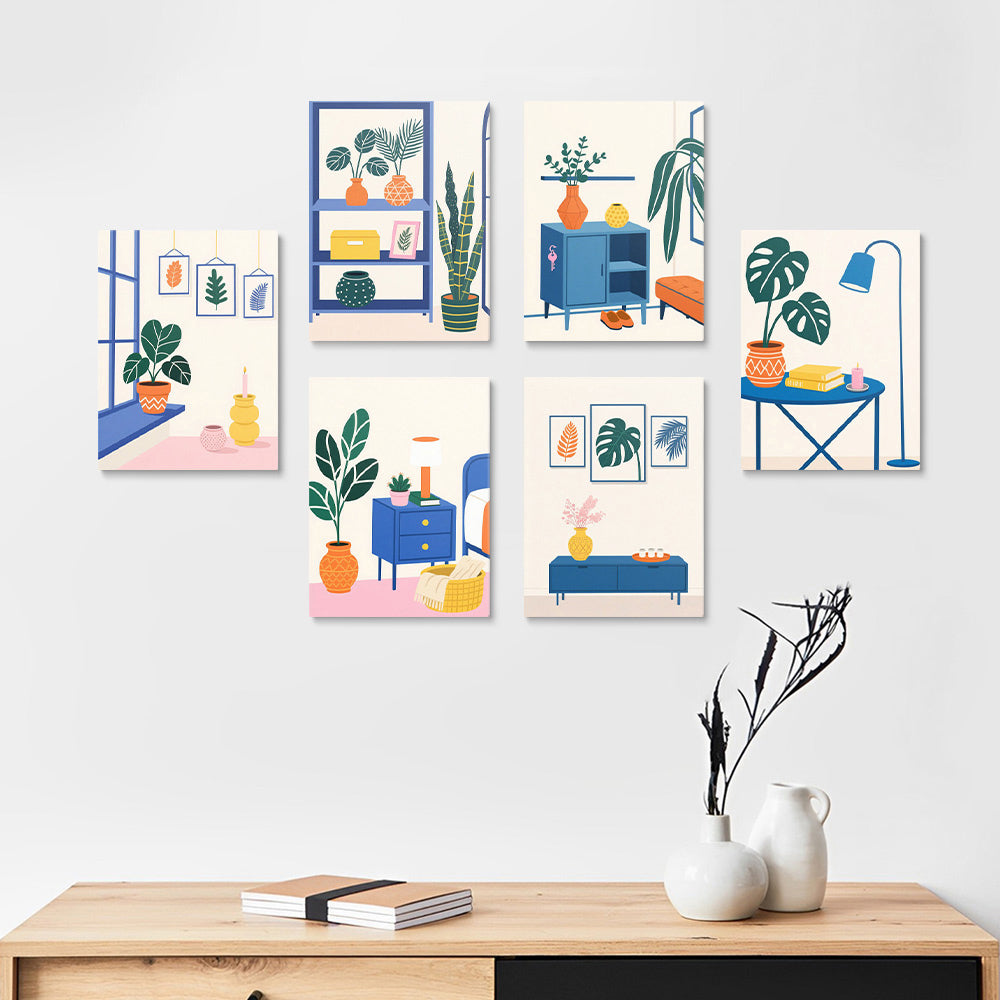 Green Potted Plants in the Room 6 Pieces Mini Paint by Numbers