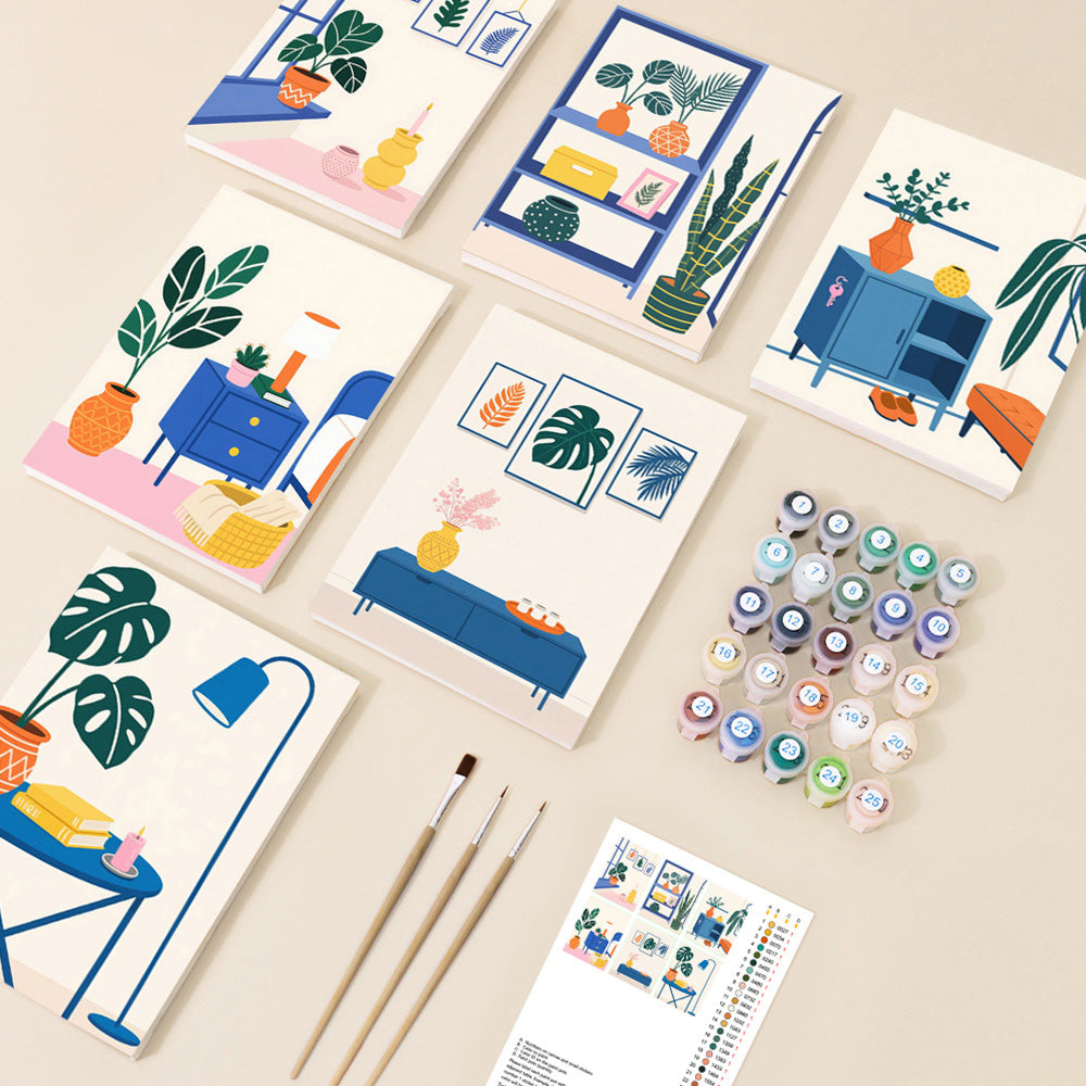 Green Potted Plants in the Room 6 Pieces Mini Paint by Numbers