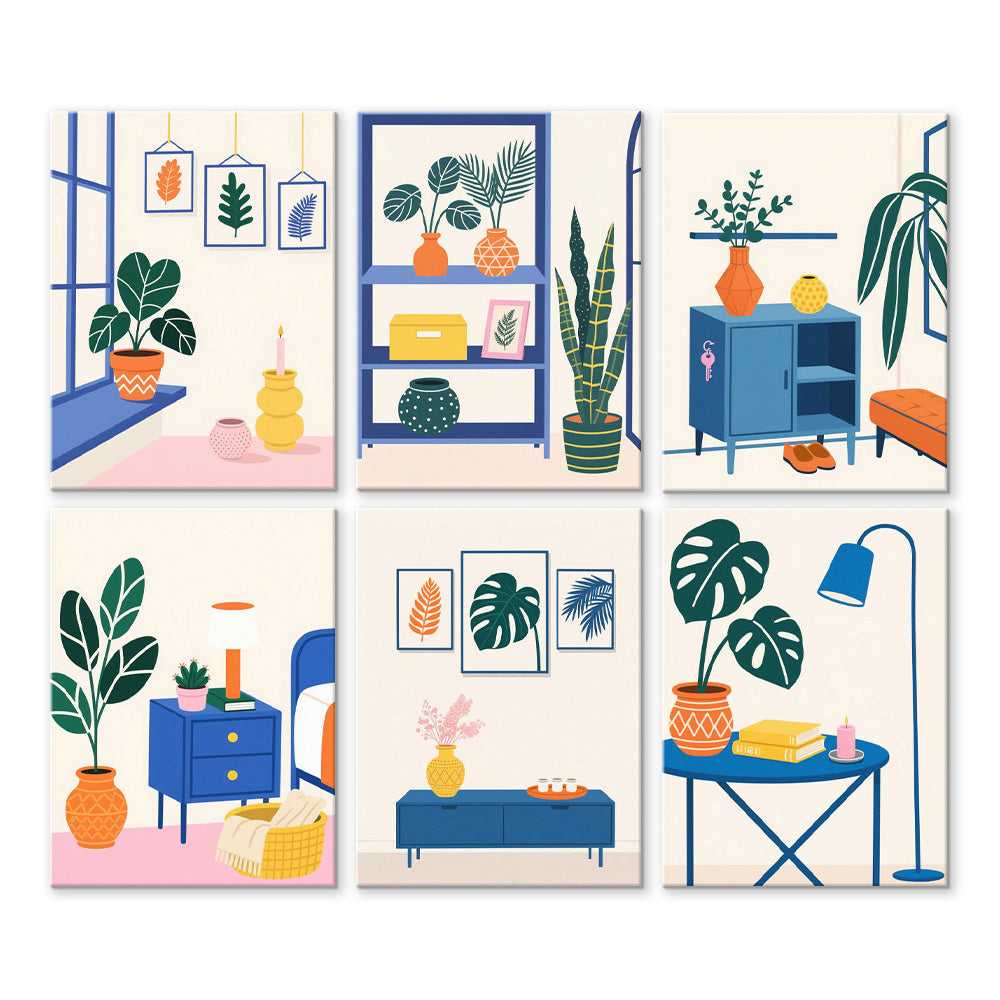 Green Potted Plants in the Room 6 Pieces Mini Paint by Numbers
