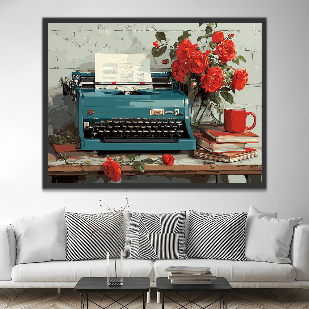 Green Typewriter and Red Roses Paint by Numbers