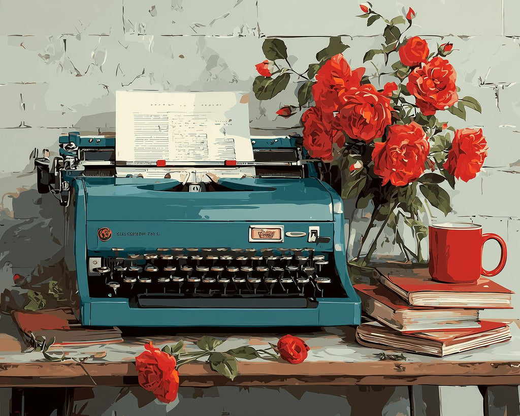 Green Typewriter and Red Roses Paint by Numbers