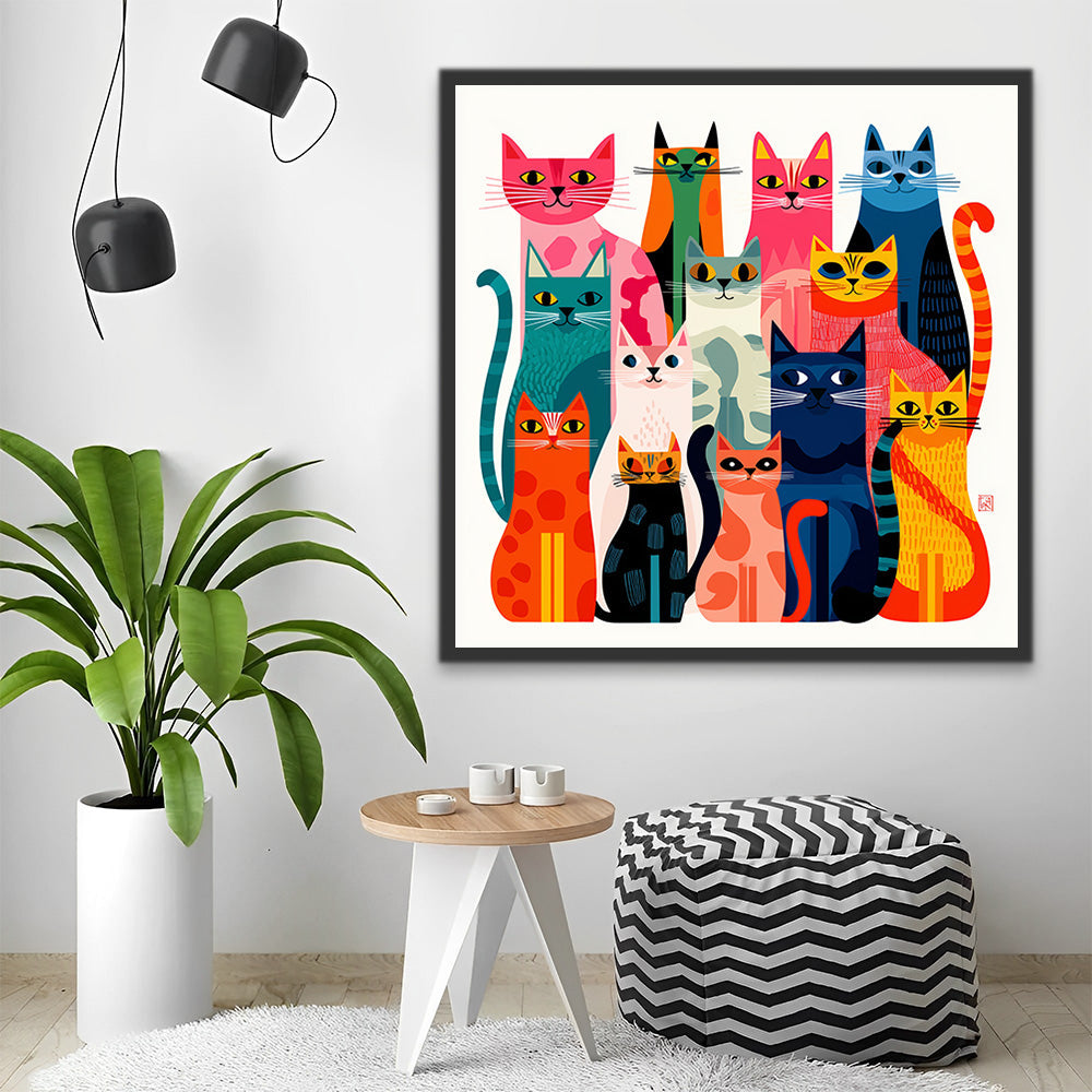 Group of Smiling Colorful Cats Paint by Numbers