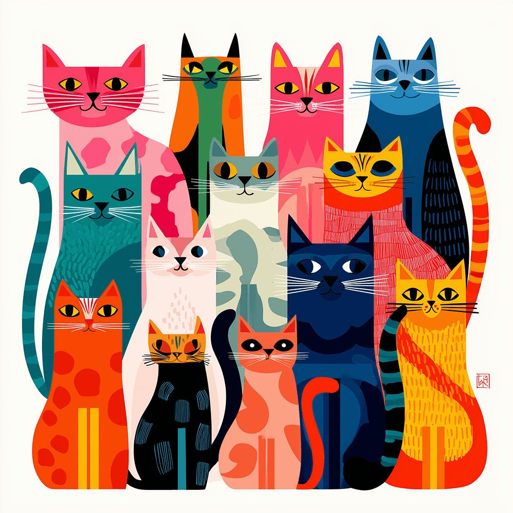 Group of Smiling Colorful Cats Paint by Numbers
