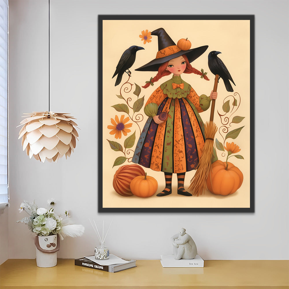 Halloween Girl Dressed as Witch Paint by Numbers
