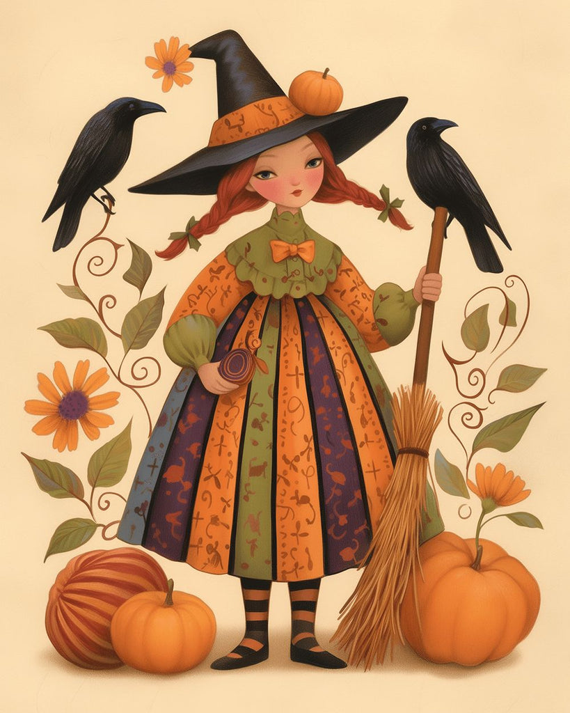 Halloween Girl Dressed as Witch Paint by Numbers