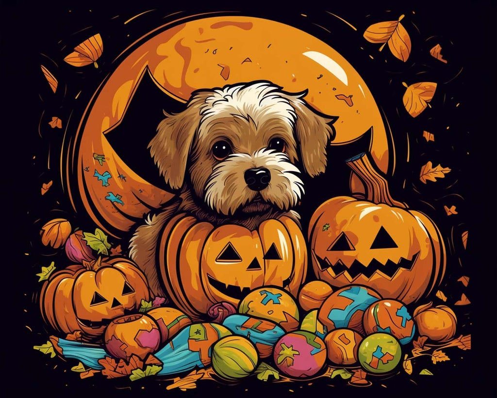 Halloween Pumpkin Lanterns and Cartoon Dog Paint by Numbers