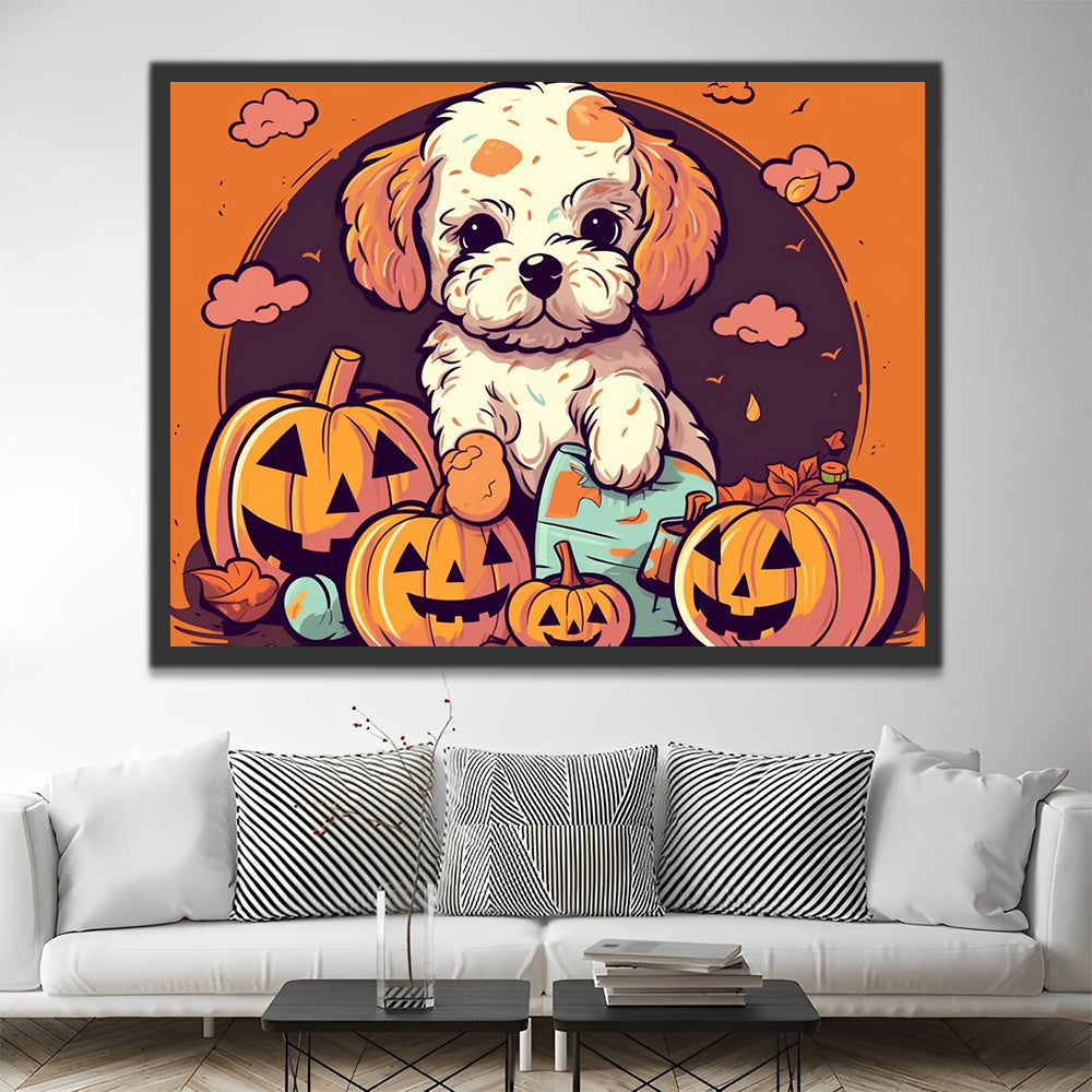 Halloween Pumpkin Lanterns and Cute Dog Paint by Numbers