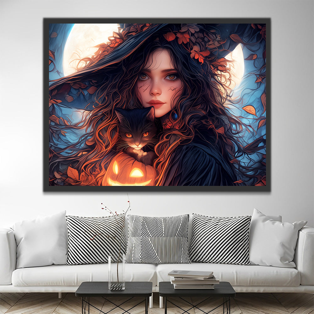 Halloween Woman Holding Black Cat Paint by Numbers