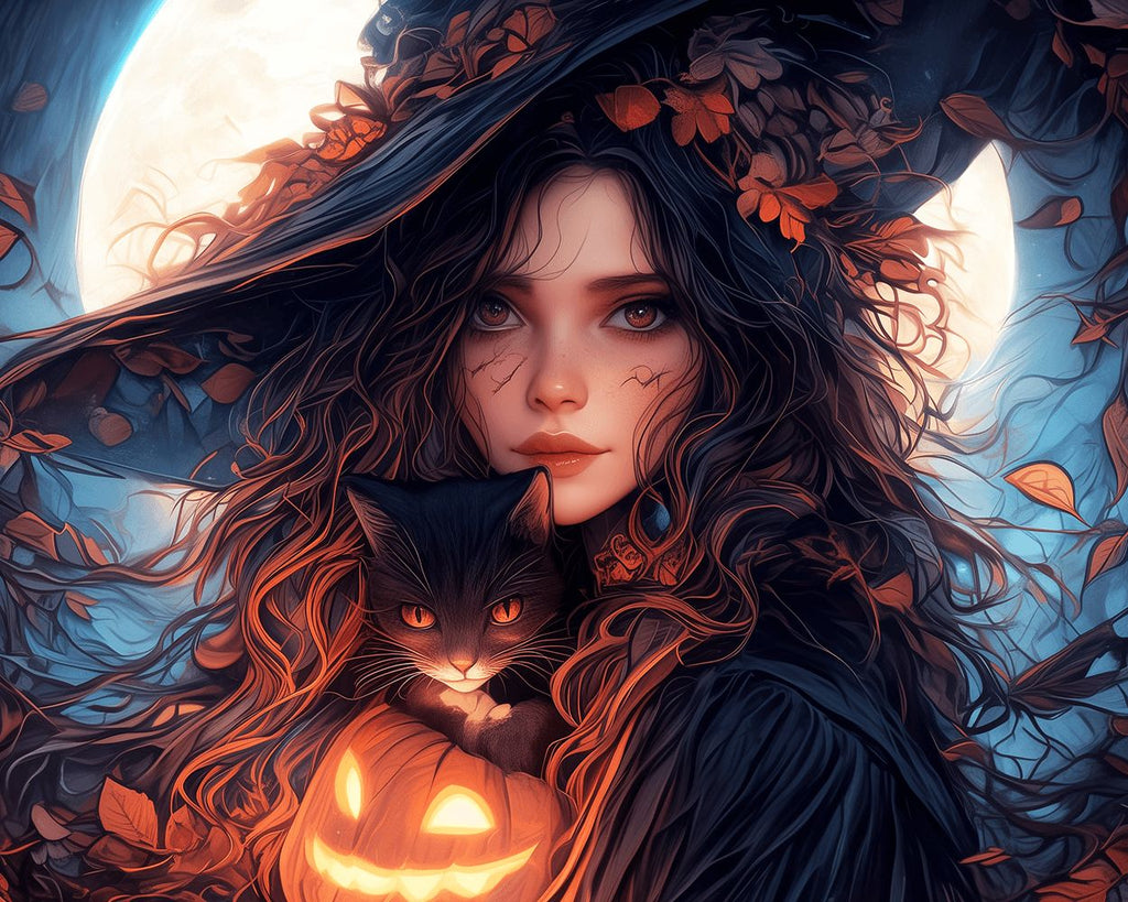 Halloween Woman Holding Black Cat Paint by Numbers