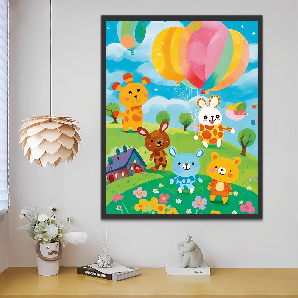 Happy Cartoon Animals and Colorful Balloons Paint by Numbers for Kids