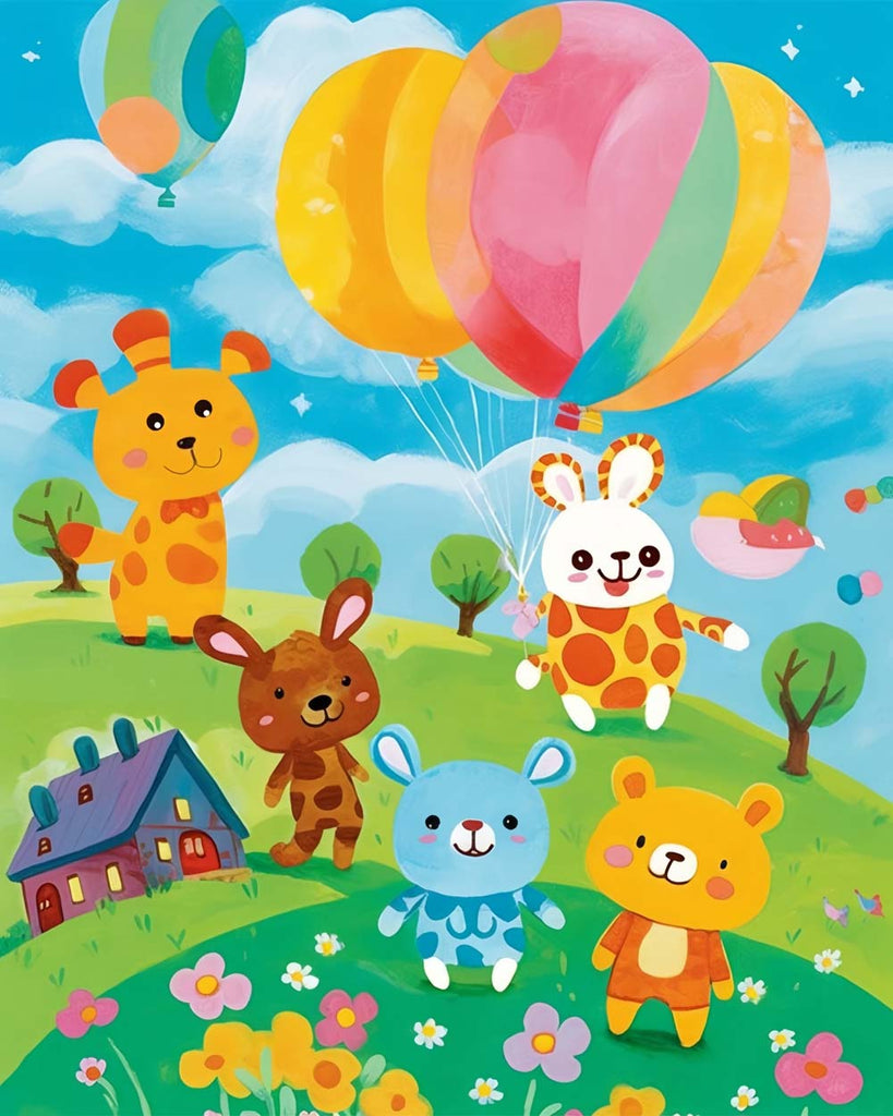 Happy Cartoon Animals and Colorful Balloons Paint by Numbers for Kids