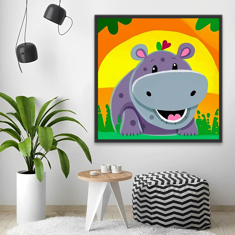 Happy Cartoon Hippo Paint by Numbers for Kids