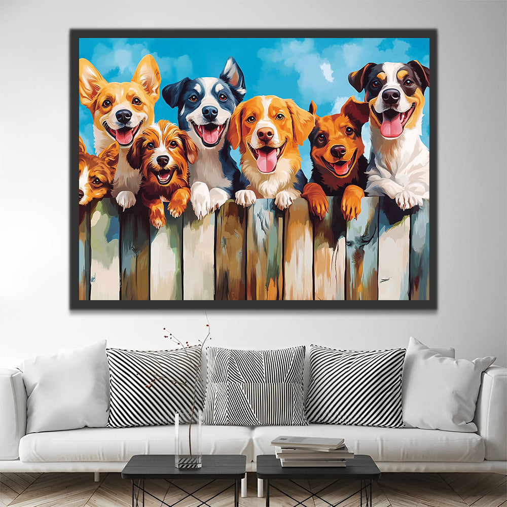 Happy Dogs Standing near Wooden Fence Paint by Numbers