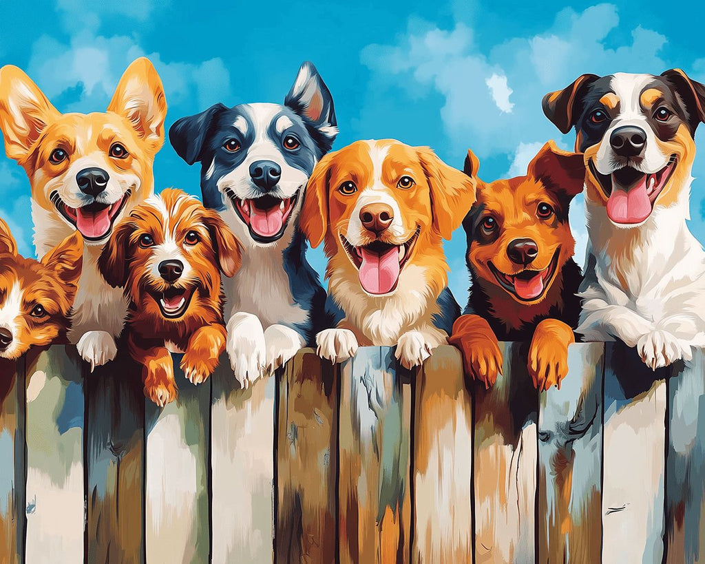 Happy Dogs Standing near Wooden Fence Paint by Numbers