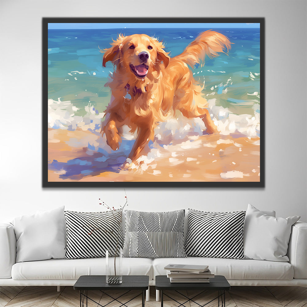 Happy Golden Retriever Playing in the Sea Water Paint by Numbers