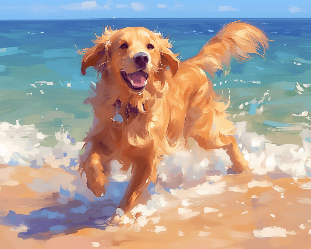 Happy Golden Retriever Playing in the Sea Water Paint by Numbers