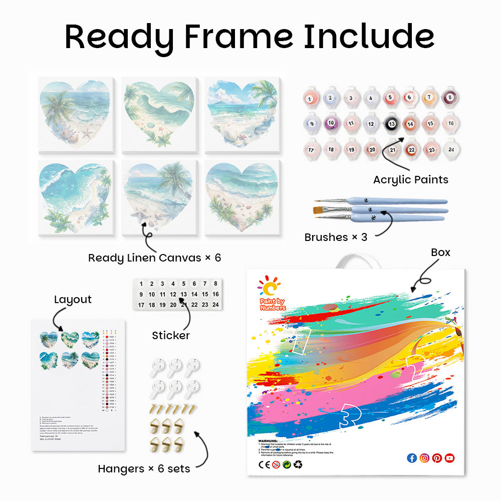 Heart Shaped Ocean and Beach 6 Pieces Mini Paint by Numbers
