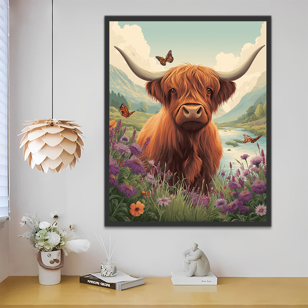 Highland Cattle and Chrysanthemums in the Wild Mountains Paint by Numbers