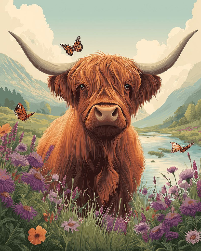 Highland Cattle and Chrysanthemums in the Wild Mountains Paint by Numbers